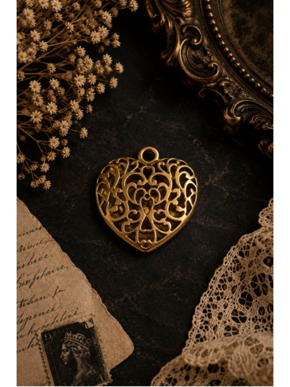 Vintage Gold Tone Openwork Heart Pendant Filigree Romantic Jewelry Charm